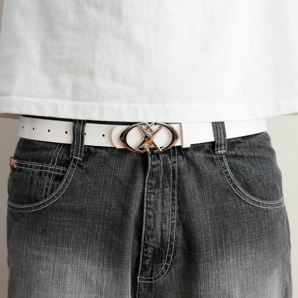 y2k chrome star buckle white leather belt — 2000s pop style
